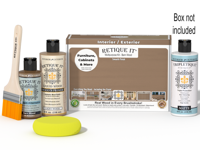 Retique It Multi-purpose Smooth Finish Kit in barn wood for interior wood projects, includes top coat and application tools.