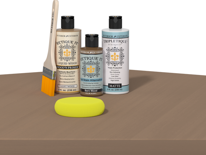 Retique It Wood'n Finish Kit in barn wood for interior top coat with smooth finish, shown on a table application sample.