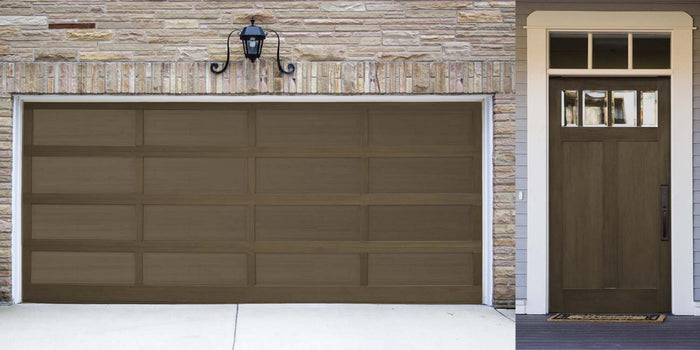 Retique It wood finish kit in black walnut for exterior surfaces, showing a garage door with smooth, polished wood finish.