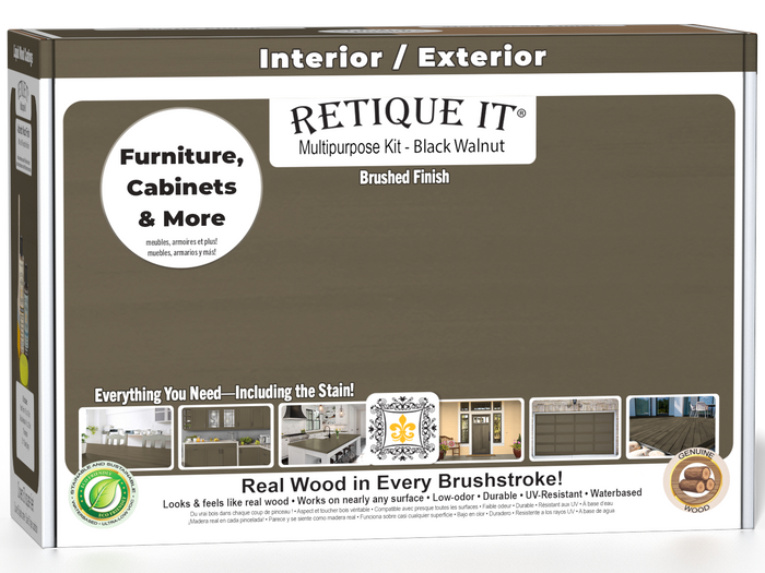 Retique It Multi-purpose Smooth Finish Kit in Black Walnut for exterior wood projects, includes top coat and application tools.