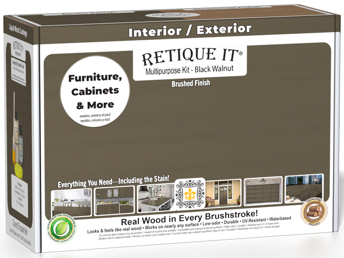 Retique It Multi-purpose Smooth Finish Kit in Black Walnut for exterior wood, includes top coat and application tools.
