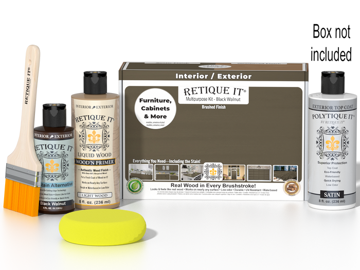 Black Walnut wood finish kit by Retique It, featuring smooth exterior top coat for multi-purpose wood projects.