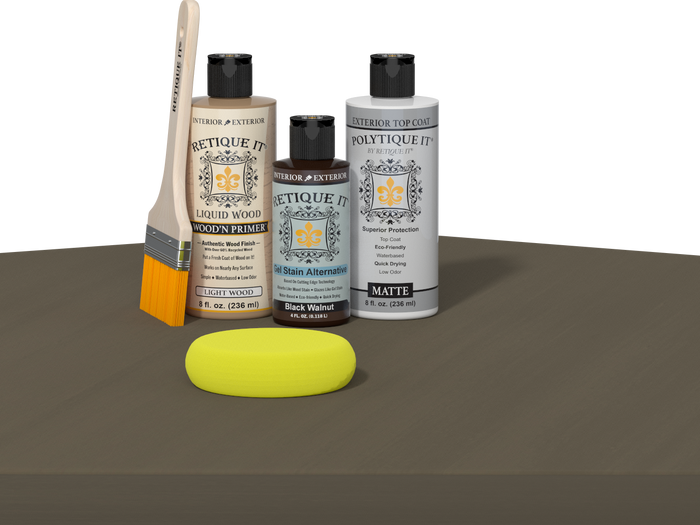 Wood'n Finish Kits black walnut exterior top coat in a multi-purpose smooth finish kit, shown in a table setting.