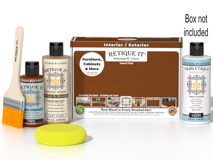 Retique It Cherry Multi-purpose Smooth Finish Kit for interior wood projects, includes top coat and application tools.