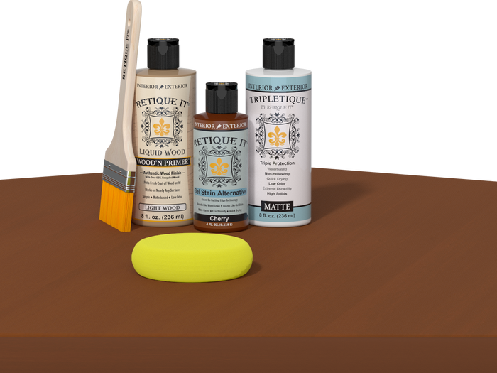 Retique It Multi-purpose Smooth Finish Kit in cherry for interior wood projects, includes top coat and finishing tools.