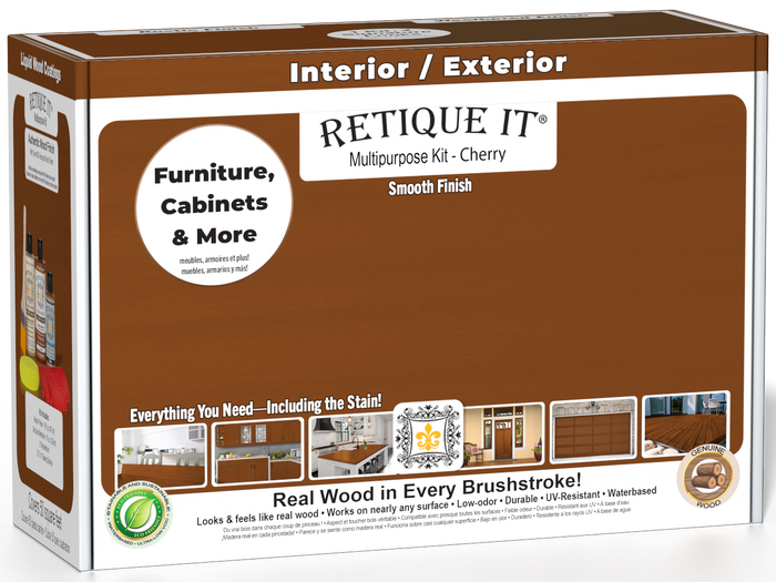 Retique It Multi-purpose Smooth Finish Kit in cherry for interior wood top coating, includes brushes and finishing tools.