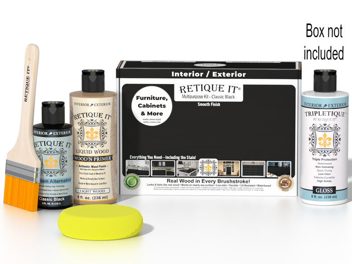 Retique It Multi-purpose Smooth Finish Kit in classic black with interior top coat gloss, includes wood finish tools and supplies.