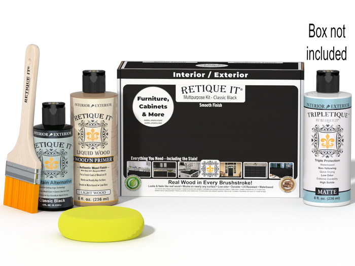 Retique It Multi-purpose Smooth Finish Kit in Classic Black for interior wood surfaces, includes top coat and application tools.