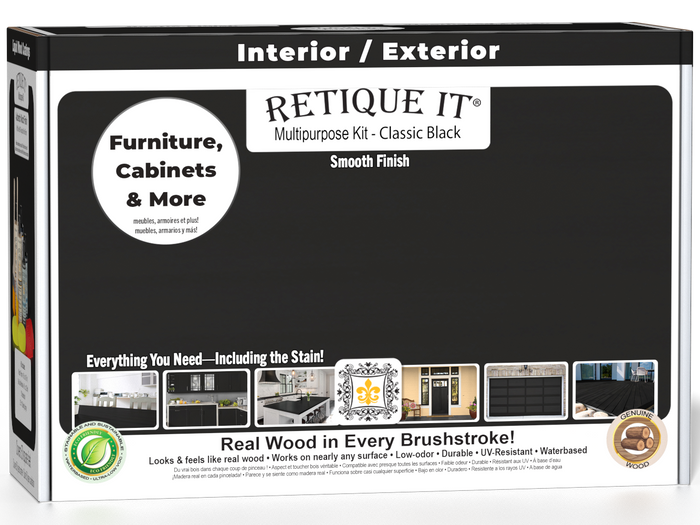 Retique It Multi-purpose Smooth Finish Kit in Classic Black with interior top coat for wood furniture refinishing.
