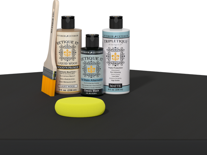 Retique It Multi-purpose Smooth Finish Kit in Classic Black for interior wood surfaces, satin top coat applied to a table.
