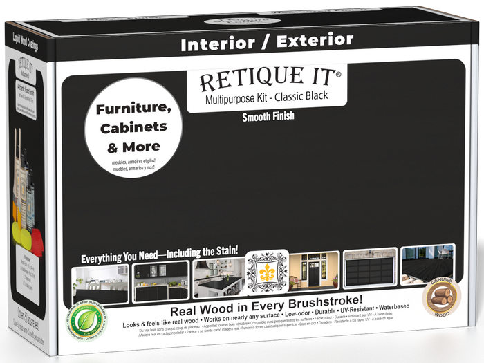 Retique It Multi-purpose Smooth Finish Kit in Classic Black for interior wood projects, includes top coat and application tools.
