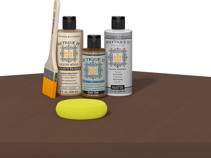 Retique It Multi-purpose Smooth Finish Kit in Dark Oak for exterior wood, featuring satin top coat and application palette.