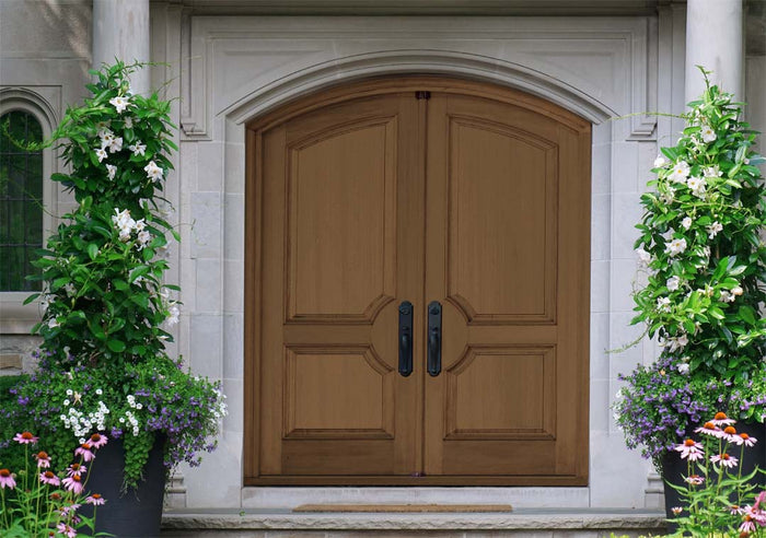 Retique It wood finish kit with dark oak exterior top coat, featuring a smooth, matte finish on a wooden door surface.