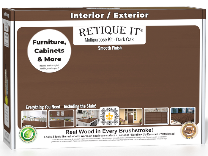 Retique It Multi-purpose Smooth Finish Kit in Dark Oak for exterior wood, featuring a matte top coat and complete application tools.