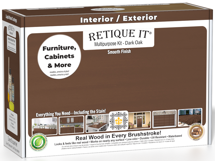Retique It Multi-purpose Smooth Finish Kit in Dark Oak with exterior top coat, matte wood finish, shown in the box.