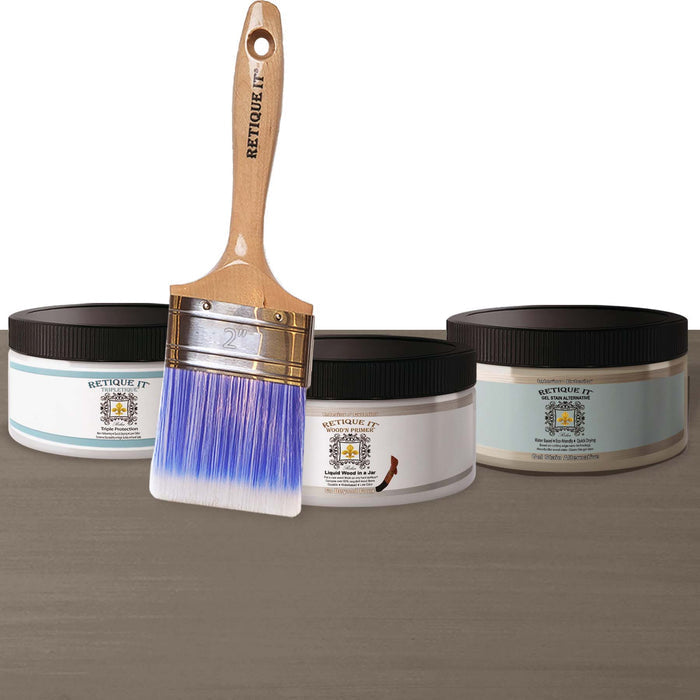 Retique It Multi-purpose Smooth Finish Kit in Harbor Gray for interior wood projects, includes primer, gel, and top coat.