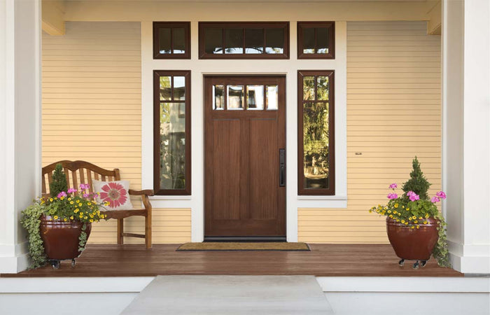 Retique It Multi-purpose Smooth Finish Kit Java for exterior wood, featuring a glossy top coat applied on a front door.