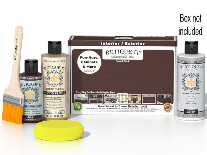 Retique It Multi-purpose Smooth Finish Kit in Java, exterior top coat satin wood finish with included application tools and box.