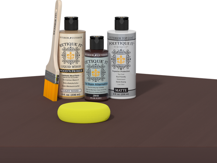 Retique It Multi-purpose Smooth Finish Kit in Java for wood exterior top coat with satin finish, shown on a table.