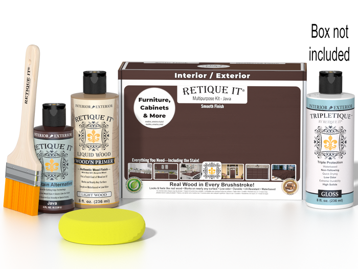 Retique It wood finish kit in Java with a smooth top coat, including applicator tools for interior wood projects.
