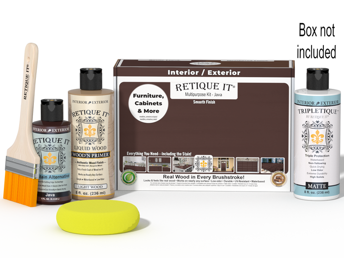 Retique It Java Multi-purpose Smooth Finish Kit for interior wood projects, includes top coat and application tools.