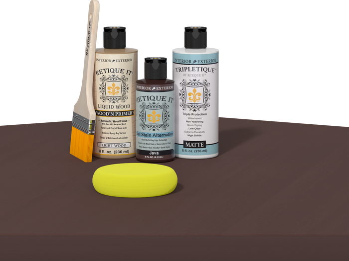 Retique It Multi-purpose Smooth Finish Kit in Java for interior wood top coats, shown on a wooden table.