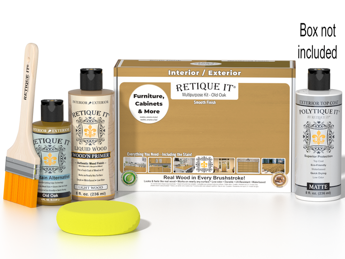 Retique It Multi-purpose Smooth Finish Kit in Old Oak for exterior wood furniture with matte top coat, includes application tools.