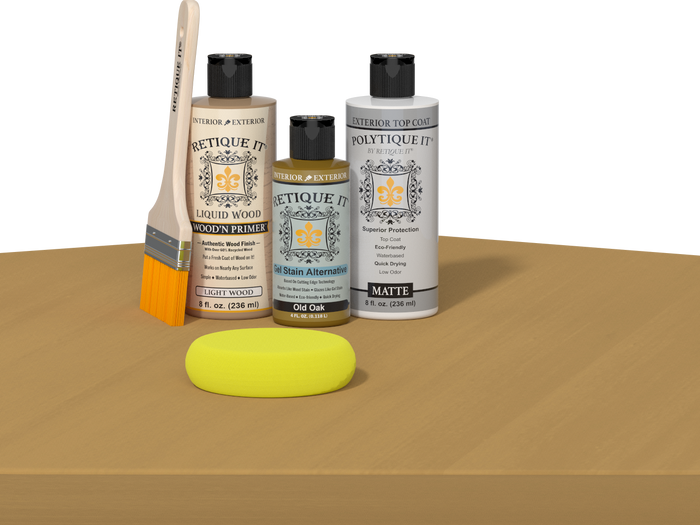 Retique It Multi-purpose Smooth Finish Kit in Old Oak with exterior satin top coat, shown on a wooden table.