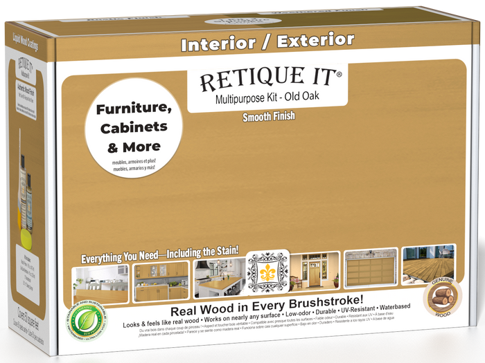 Retique It Multi-purpose Smooth Finish Kit in Old Oak, exterior top coat, matte wood finish with included kit components.