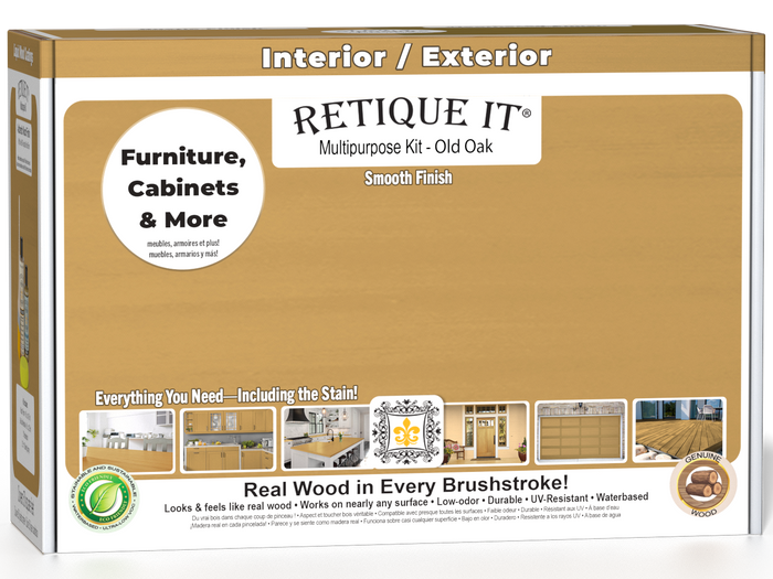 Retique It Multi-purpose Smooth Finish Kit in Old Oak for interior wood top coat, includes application tools and finish components.