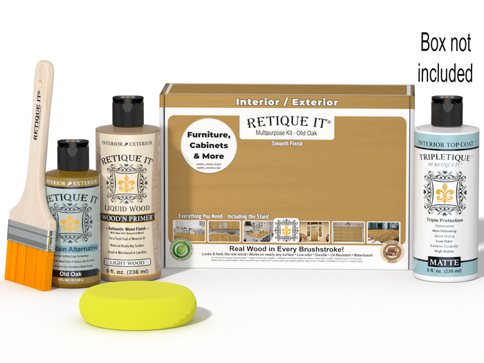 Retique It® Multipurpose Kit - Old Oak with primer, gel stain alternative, matte topcoat, brush, sponge, red graining tools, and packaging.