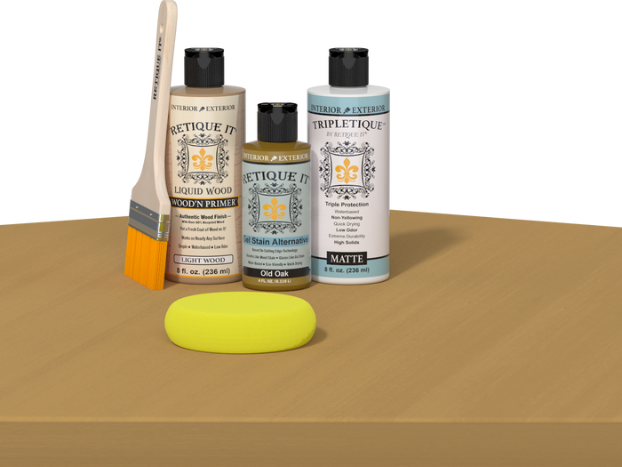 Retique It refinishing kit with Light Wood primer, Old Oak gel stain alternative, matte Tripletique topcoat, a brush and yellow sponge.