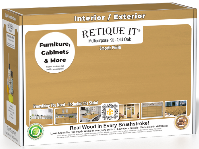 Retique It® Old Oak Brush-On Multipurpose Kit box featuring an Old Oak finish and project examples for furniture, cabinets, doors, decks, and more.