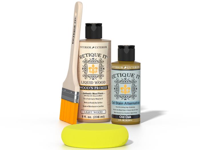 Retique It® Old Oak Brush-On Kit includes a brush, Light Wood primer, Old Oak Gel Stain Alternative, and a yellow sponge.