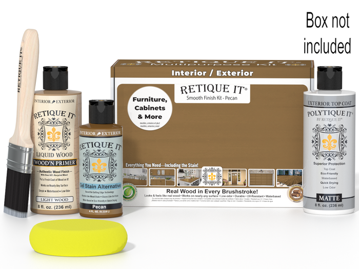 Retique It wood finish kit featuring Pecan exterior top coat with a smooth, matte finish for multi-purpose woodworking projects.