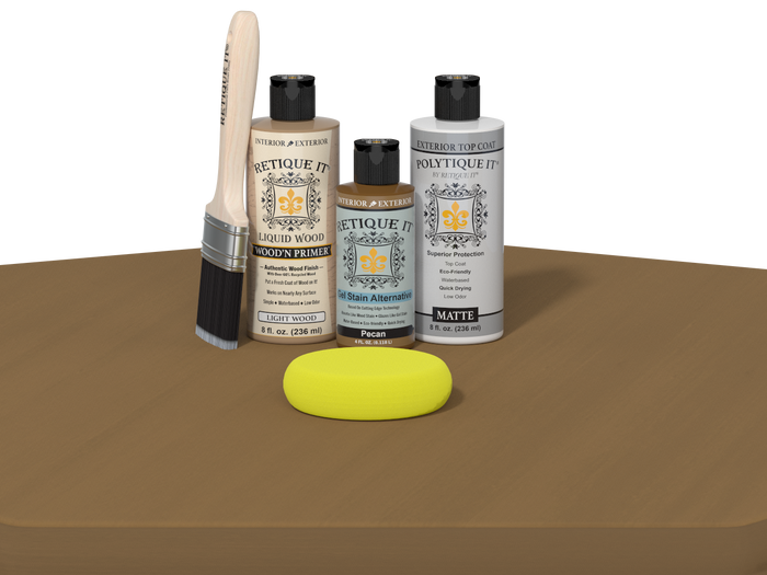 Retique It Multi-purpose Smooth Finish Kit in Pecan for exterior wood projects, featuring satin top coat and wood finishing tools.