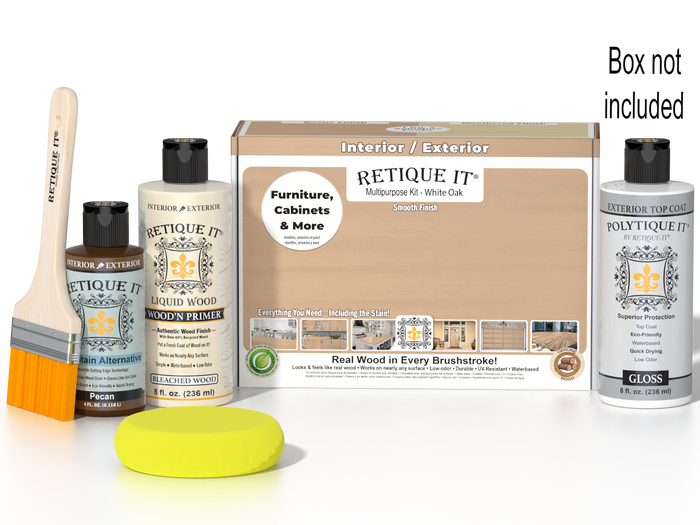 Retique It White Oak Multi-purpose Smooth Finish Kit for exterior wood with gloss top coat, includes application tools.
