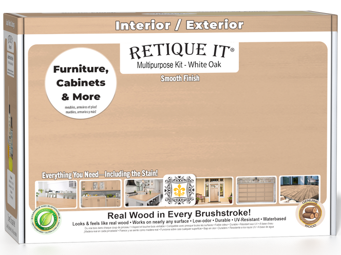 Retique It Multi-purpose Smooth Finish Kit in White Oak for exterior top coat, featuring a sleek matte wood finish.