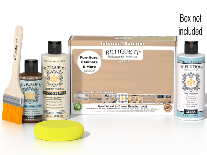 Retique It Multi-purpose Smooth Finish Kit in White Oak for interior wood top coat, includes application tools and finish samples.