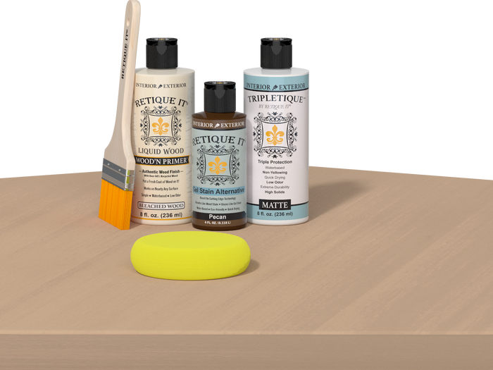 Retique It White Oak Multi-purpose Smooth Finish Kit for interior wood projects, featuring top coat application tools.