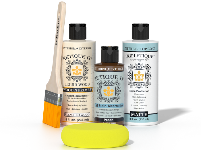 Retique It® White Oak kit with brush, Wood’n Primer, Pecan stain alternative, matte top coat, and yellow sponge.