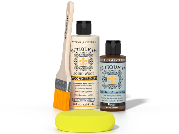 Retique It® White Oak kit with brush, Wood’n Primer, Pecan stain alternative, and yellow sponge.