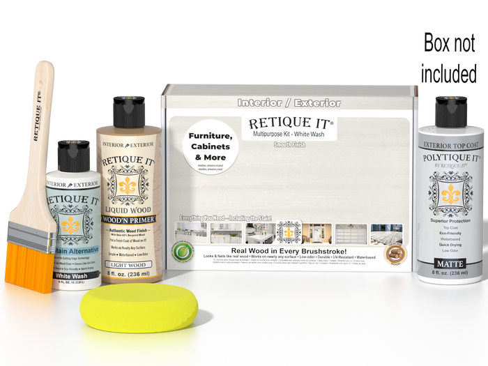 Retique It® Multipurpose Kit - White Wash with box not included, primer, White Wash Gel Stain Alternative, matte topcoat, brush, and yellow sponge.