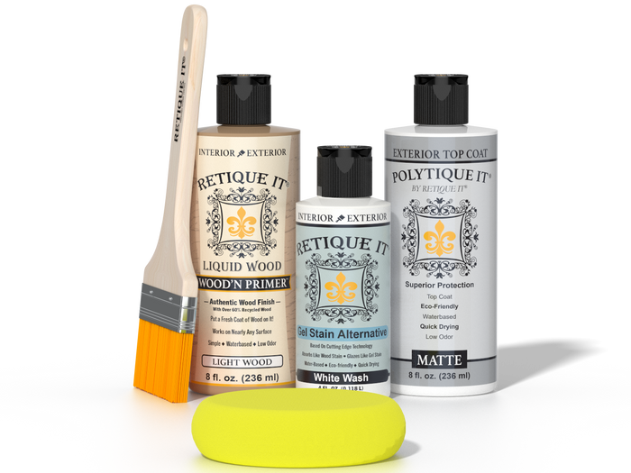 Retique It® Light Wood Wood’n Primer with White Wash Gel Stain Alternative, matte topcoat, brush, and yellow sponge.