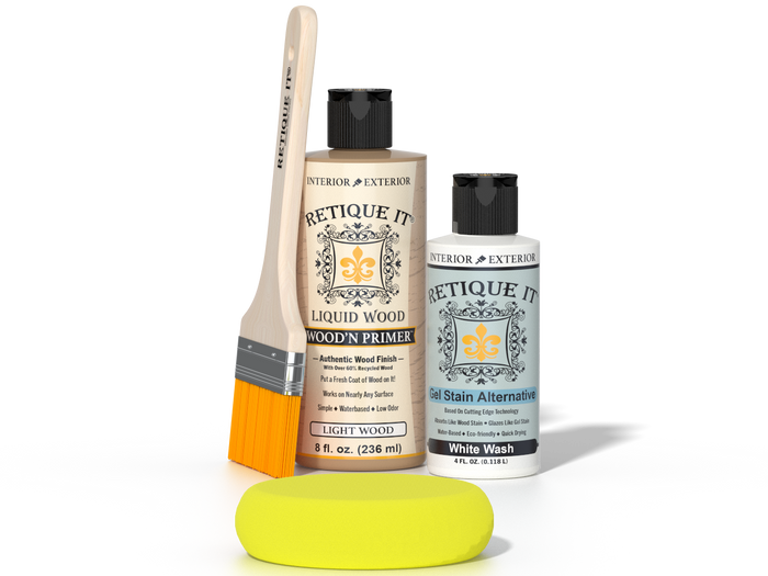 Retique It® Light Wood Wood’n Primer with White Wash Gel Stain Alternative, brush, and yellow sponge on a dark background.