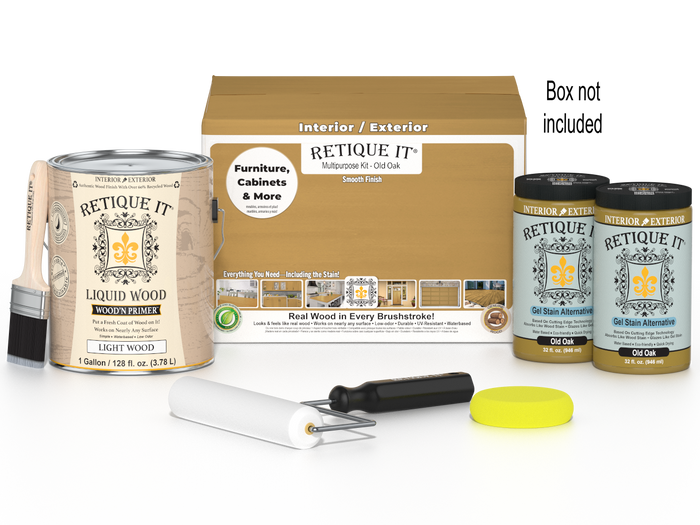 Retique It Wood'n Finish Kit in Old Oak, large multi-purpose smooth finish set with four containers and applicator brushes.