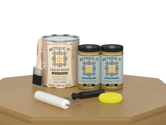 Retique It Multi-purpose Smooth Finish Kit in Old Oak, 4-piece set, showcasing wood finishing tools and product packaging.