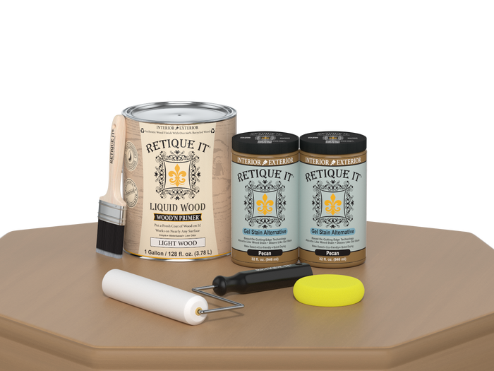 Retique It Multi-purpose Smooth Finish Kit in Pecan with four large wood finish containers, suitable for furniture and wood projects.