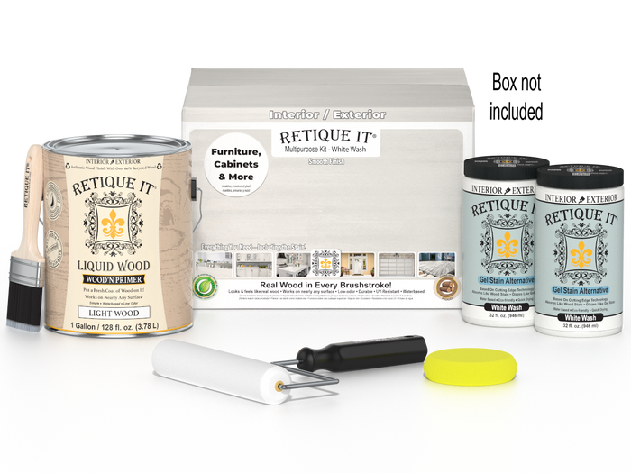 Retique It wood finish kit with four large white wash smooth finish wood stain bottles on a white background