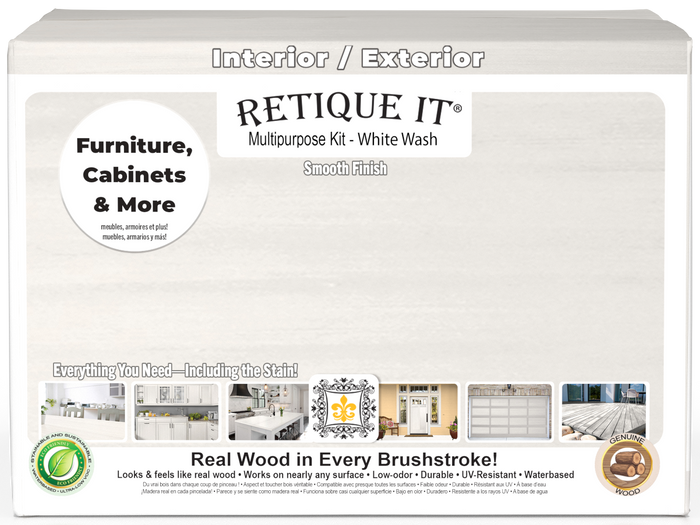 Retique It Multi-purpose Smooth Finish Kit in white wash, 4-piece wood finish set with applicators and tools on the box.